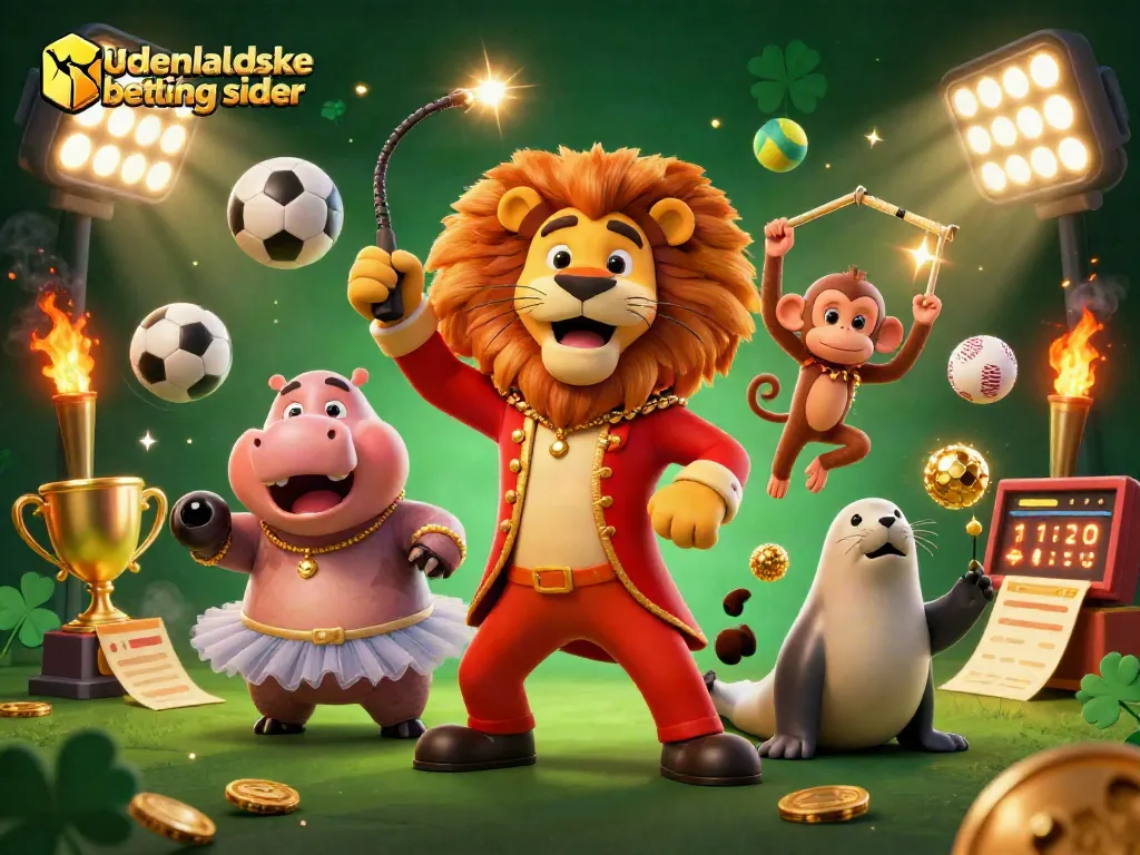 Experience the thrill of udenlandske betting sider with an energetic circus scene featuring a lion, hippo, monkey, and seal portraying excitement.