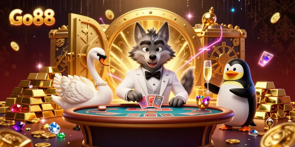 Experience the thrill of Go88 with a lively casino scene featuring engaging characters and sparkling treasures.