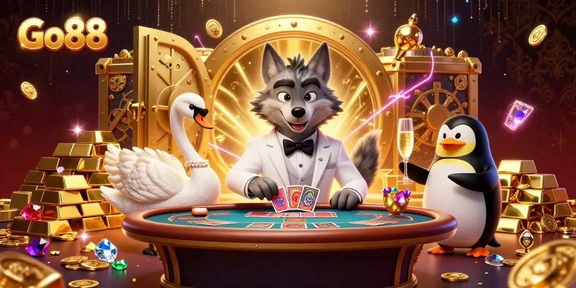 Experience the thrill of Go88 with a lively casino scene featuring engaging characters and sparkling treasures.