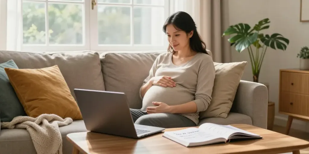 Calculate geburtstermin berechnen in a cozy living room with a pregnant woman using a laptop.
