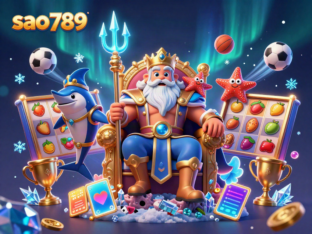 Experience casino excitement at sao789 with Neptune and gaming elements in a vibrant 3D scene.