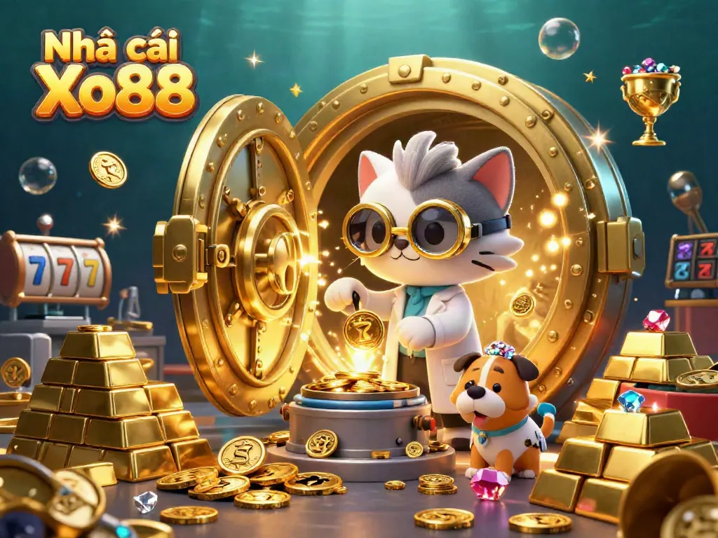 Join the excitement with Nhà cái Xo88 as mad scientist cat and dog create gold in a vibrant casino scene.