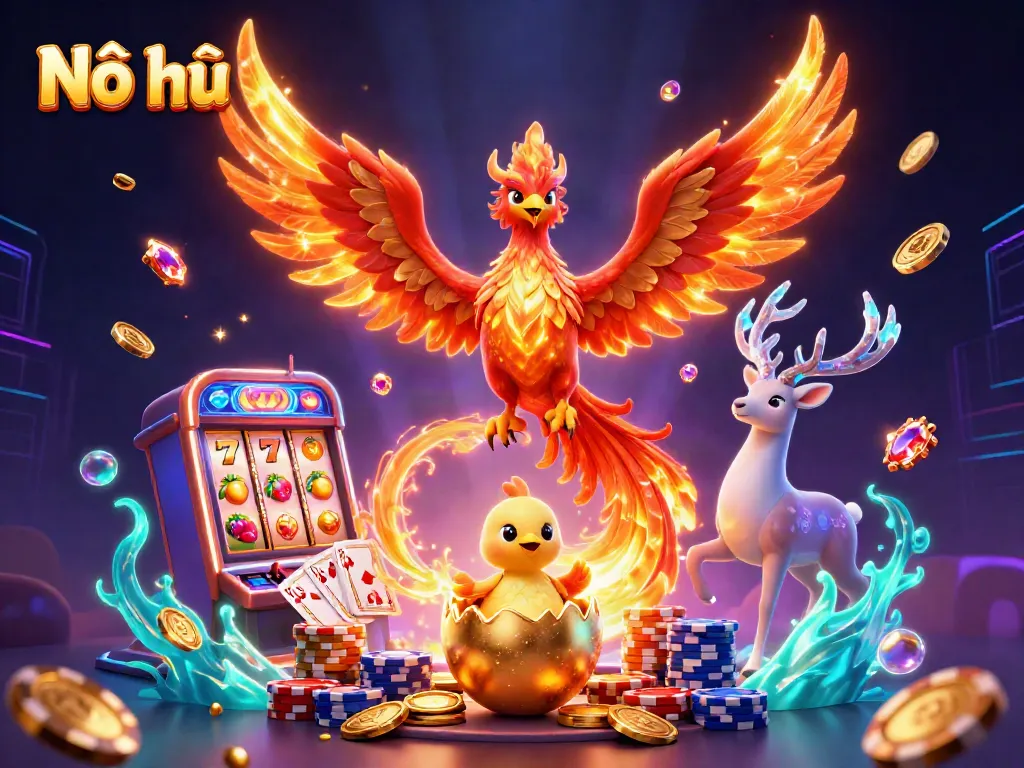 Engage with Nổ hũ slots featuring a vibrant scene of a fiery phoenix and dynamic casino elements.