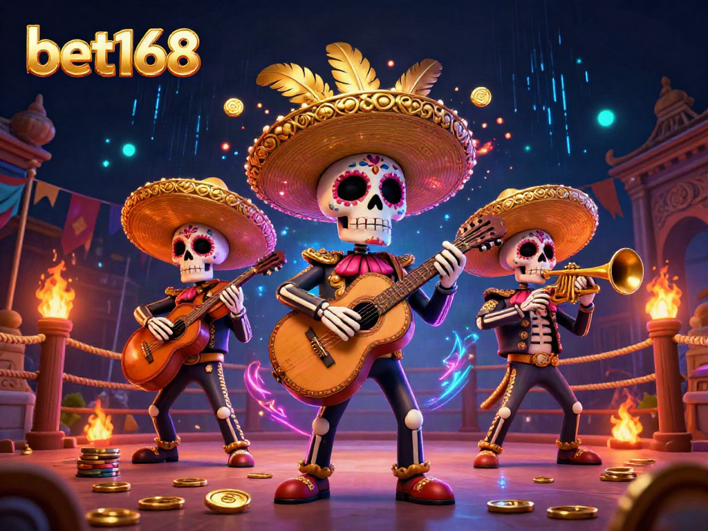 Experience exciting moments with bet168 in a vibrant 3D illustration featuring a lively mariachi band amidst casino elements.