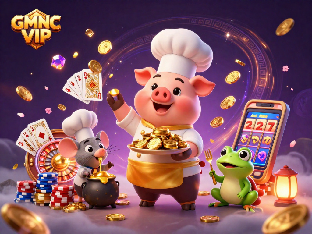 Experience the magic of GMNC VIP with a vibrant casino scene featuring chefs, gold coins, and gaming excitement.