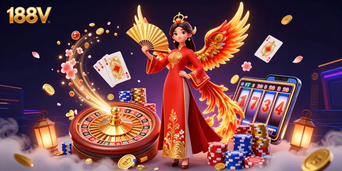 Engage in thrilling gaming experiences with 188V in a vibrant casino-themed illustration featuring diverse game elements.