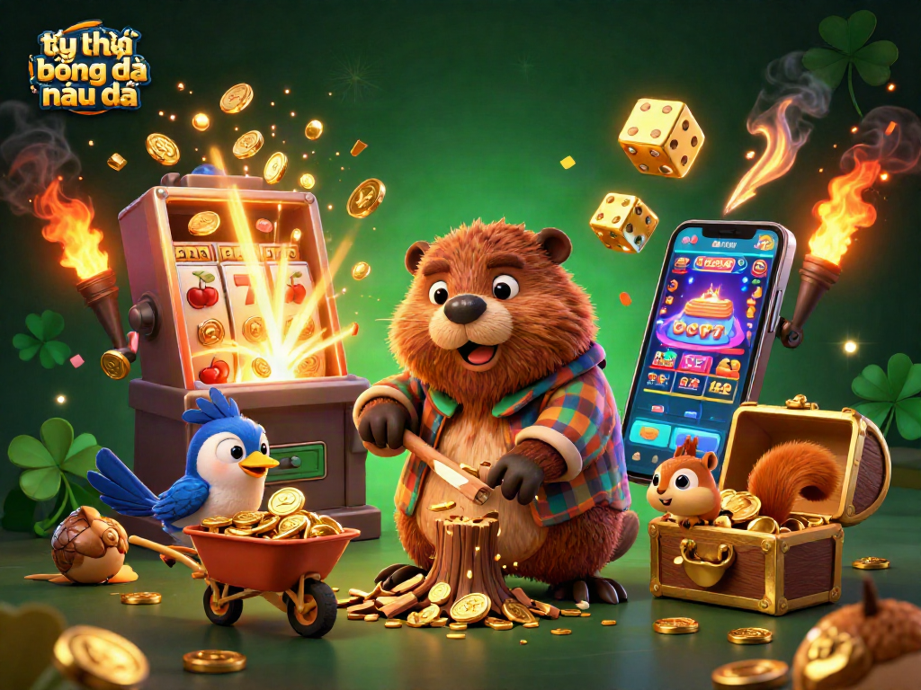 Engage with tỷ lệ bóng đá nhà cái through dynamic coins raining from a lumberjack beaver in a vibrant casino scene.