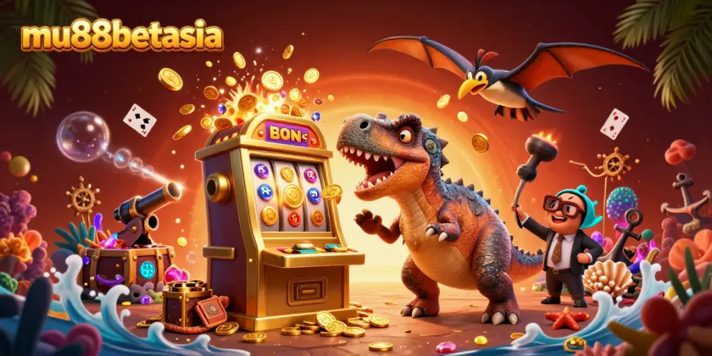 Experience excitement at mu88betasia with a pachycephalosaurus headbutting a slot machine amid flying golden coins.