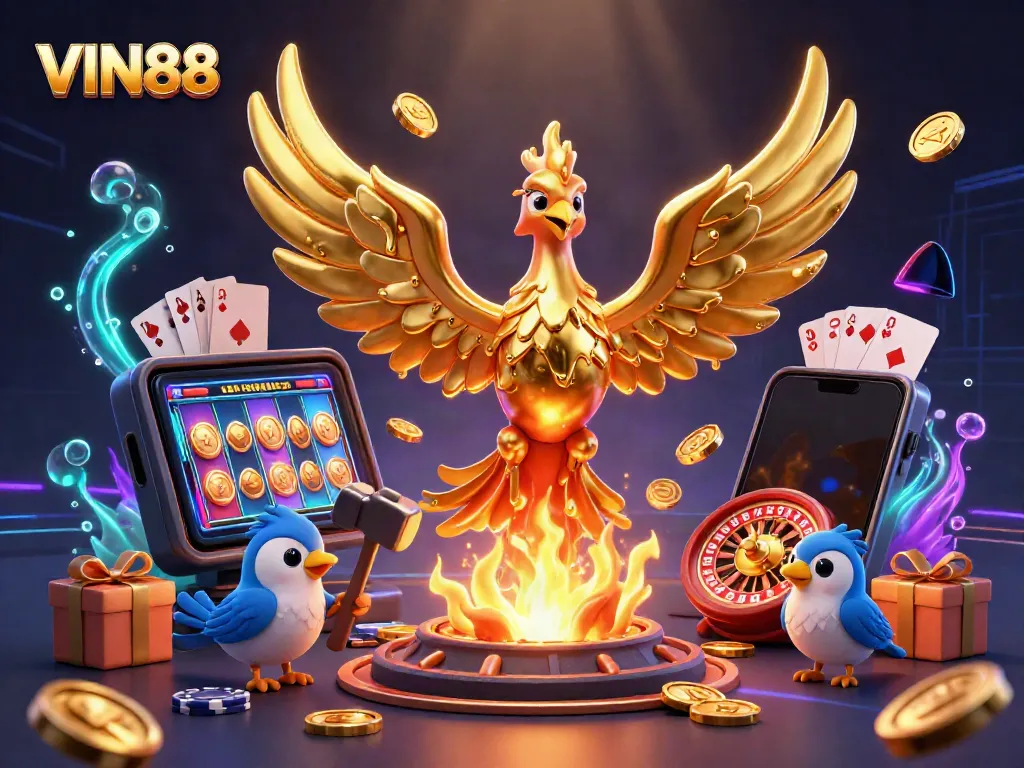 Experience thrilling gaming action at VIN88 with a molten phoenix and casino elements.