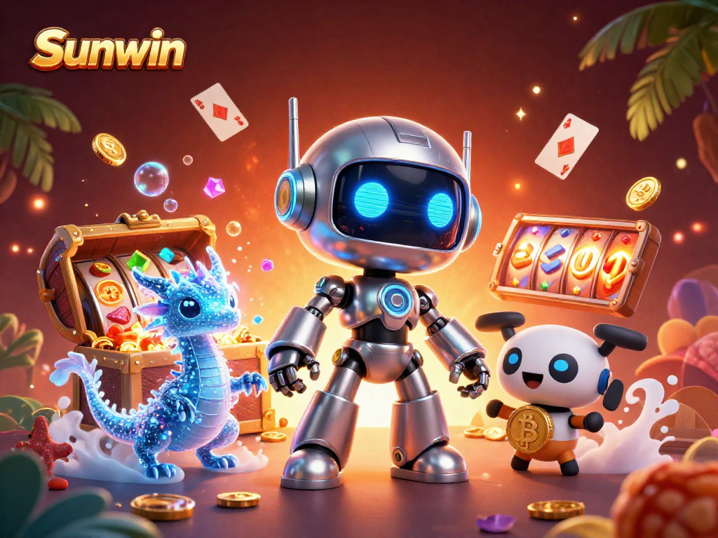 Spin the reels and win big with Sunwin's dynamic 3D casino scene featuring exciting gaming elements.