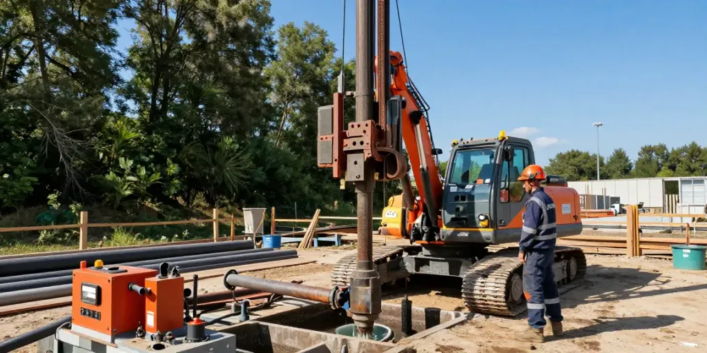 Brunnenbohrung in Aktion mit Techniker und Ausrüstung im Freien.