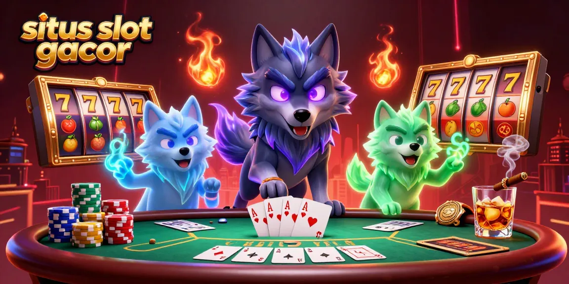 Experience excitement with situs slot gacor alongside ghostly wolves and colorful poker chips in a vibrant casino scene.