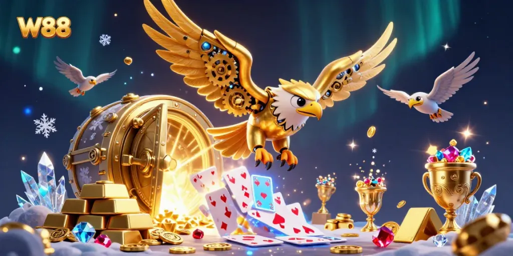 Experience high-stakes excitement with W88's dazzling casino illustration featuring a cybernetic eagle amidst treasures.