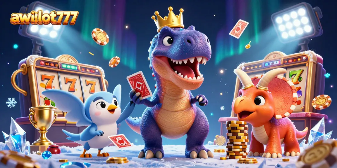 Experience excitement at awslot777 with a dynamic scene featuring a T-Rex and friends amidst bright casino action.