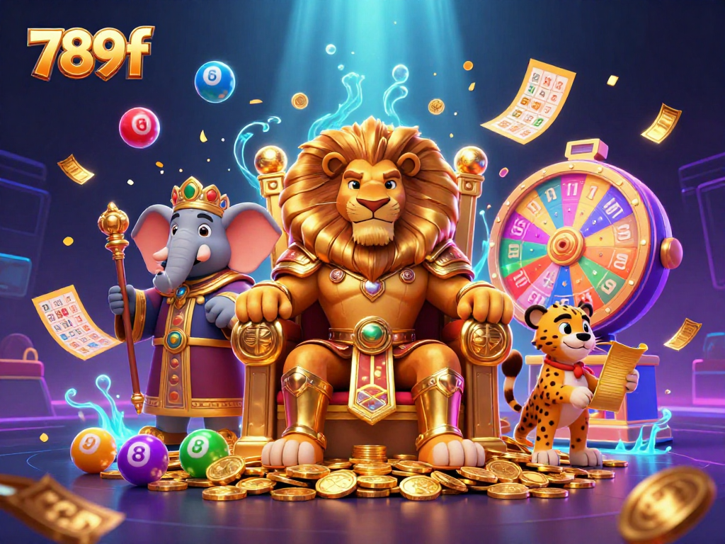 Join the excitement at 789f with colorful lottery elements and a regal lion king in this dynamic casino scene.