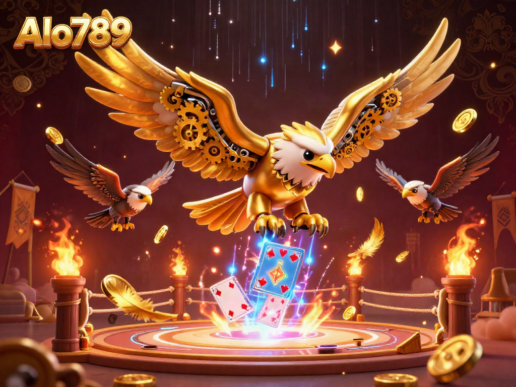 Alo789 showcases a stunning 3D golden eagle diving through holographic cards in a vibrant gambling arena.