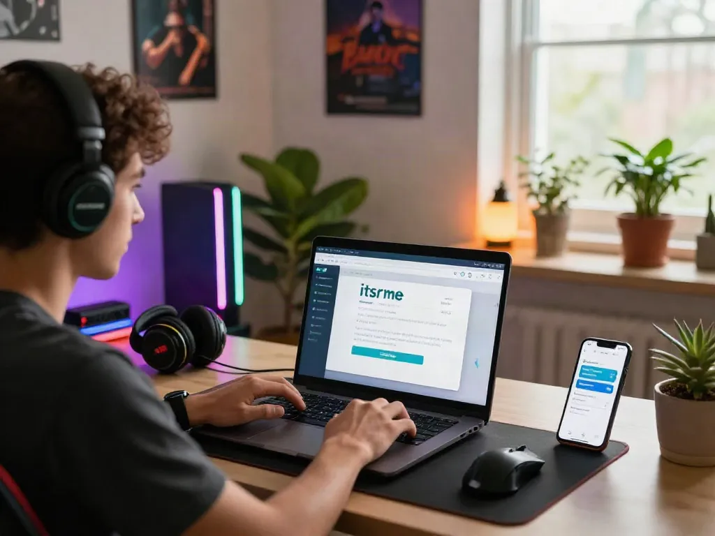 Erstelle ein Konto im Casino mit itsme in einer modernen Home-Office-Umgebung, mit Lichtern und persönlichem Gaming-Setup.