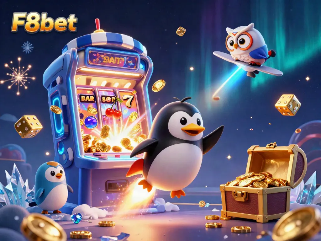 Experience the thrilling universe of online gambling with F8bet, featuring colorful casino elements and dynamic characters.