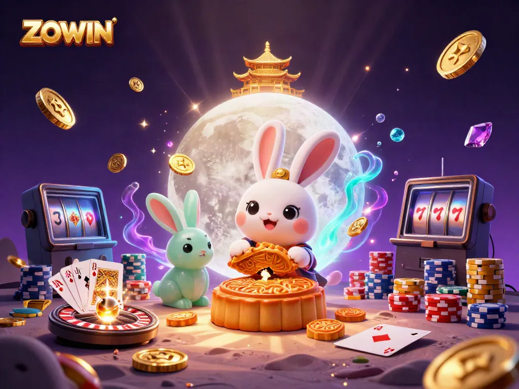 Experience ZOWIN with a fantasy moon rabbit pounding mooncakes revealing poker chips amidst a vibrant casino atmosphere.