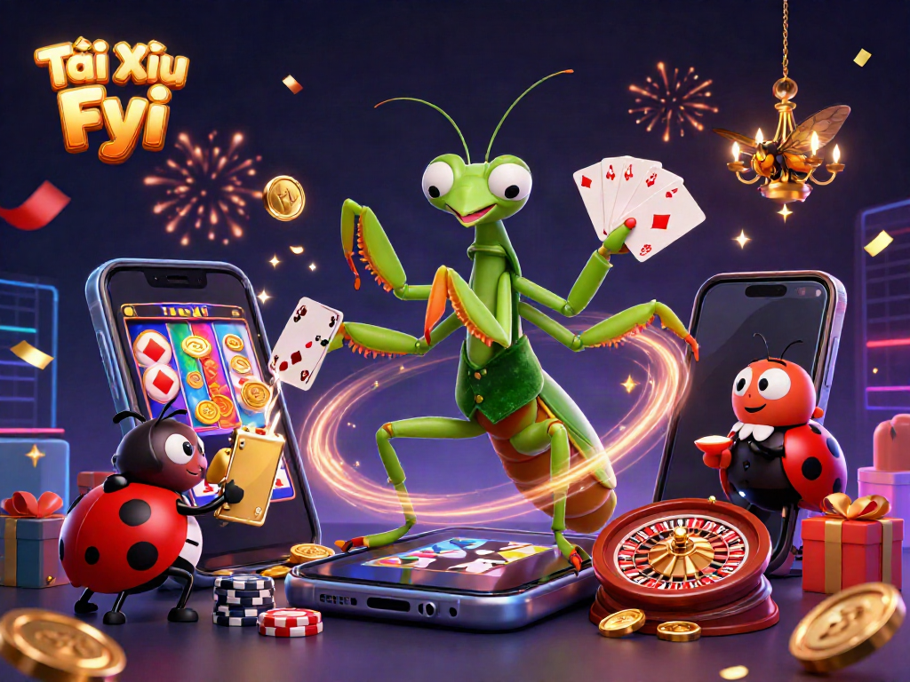Tài Xỉu Fyi scene featuring gaming characters dealing cards and celebrating with chips and stunning visuals