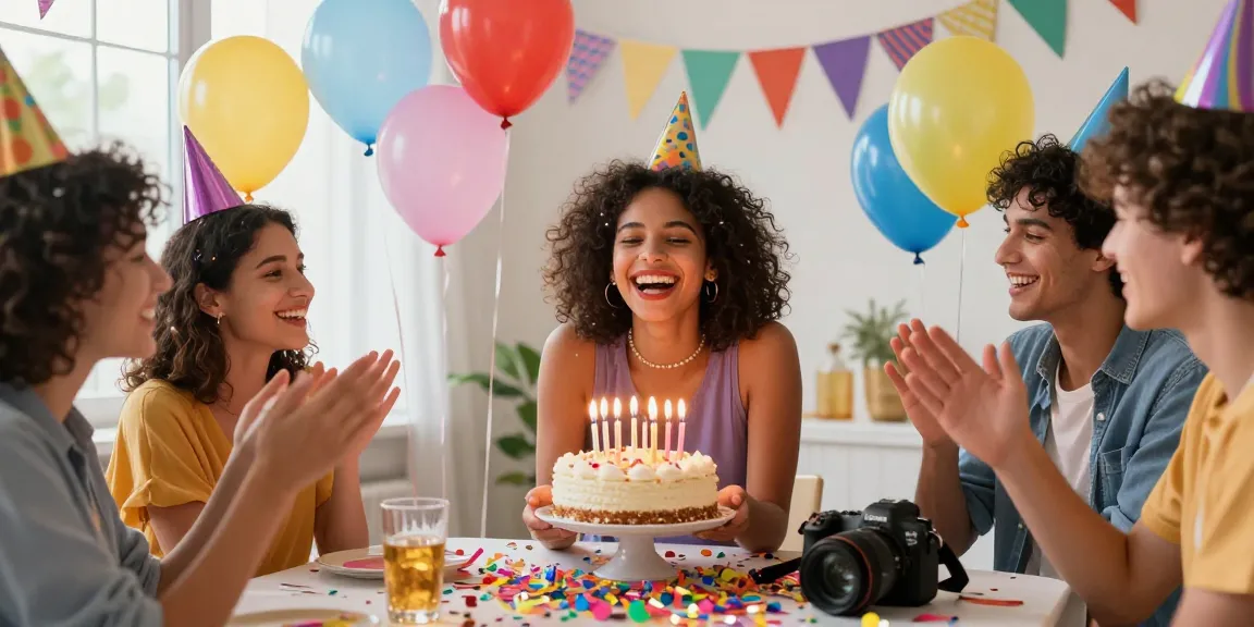 lustige Geburtstagswünsche für Frauen: Frauenfeier mit Freude, Konfetti und Geburtstagskuchen.