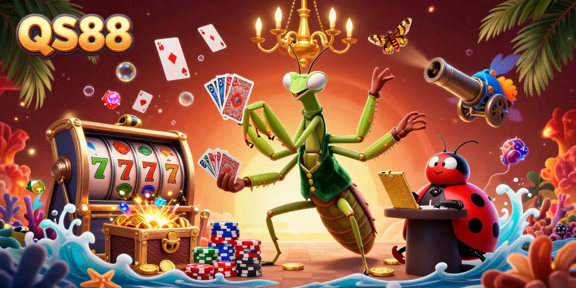 Experience the thrill of QS88 with vibrant slot reels, gold coins, and engaging casino elements.