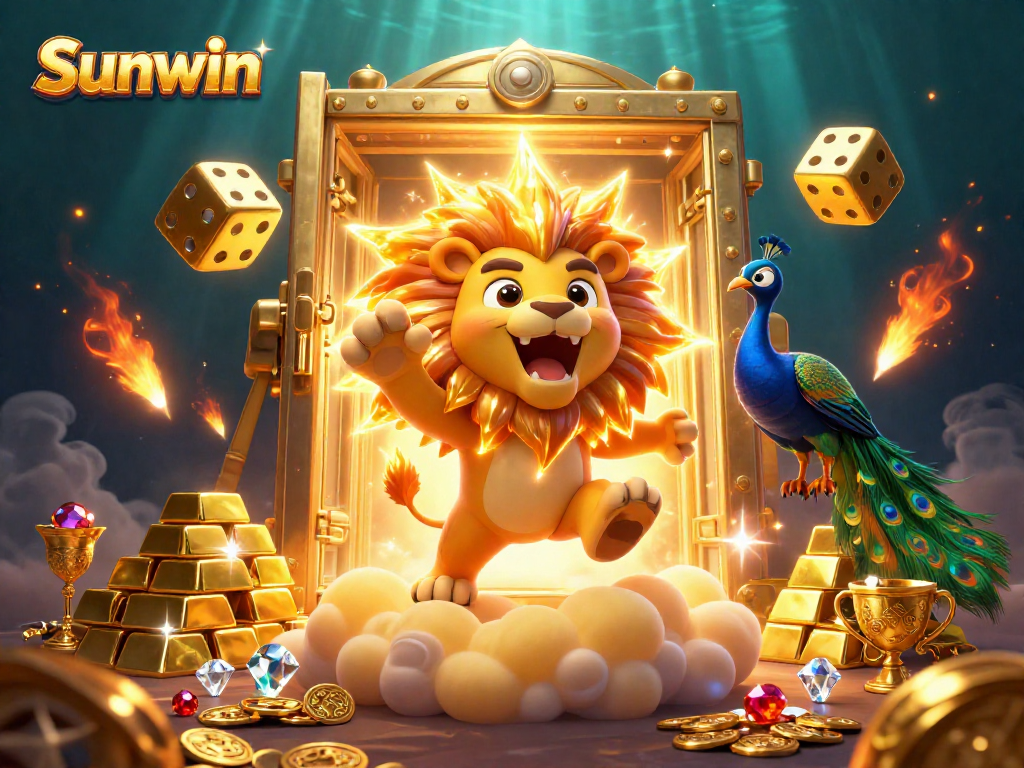 Spin to win big with Sunwin in this vibrant 3D casino scene filled with gold and treasures.