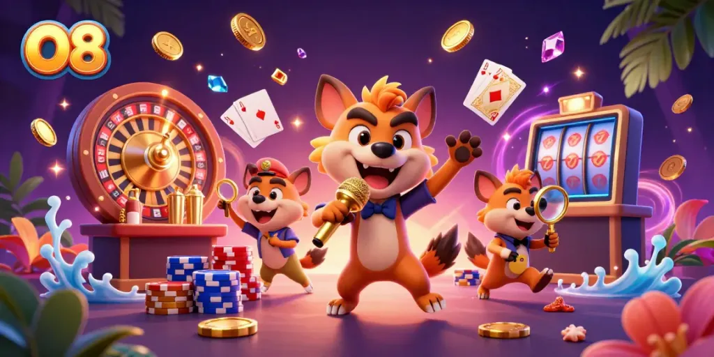 O8 presents a lively casino scene with hyena characters engaging in comedy, mixing drinks, and checking IDs, showcasing vibrant gaming elements.