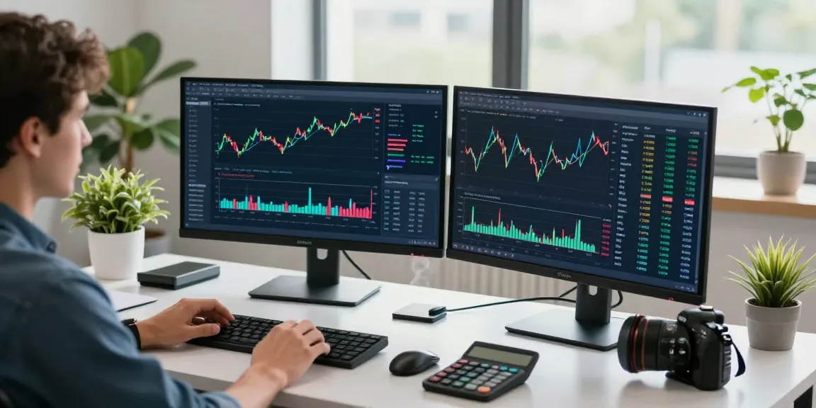 Investment-Tools für Anleger, Krypto-Daten und Rechner in einem modernen Büro.