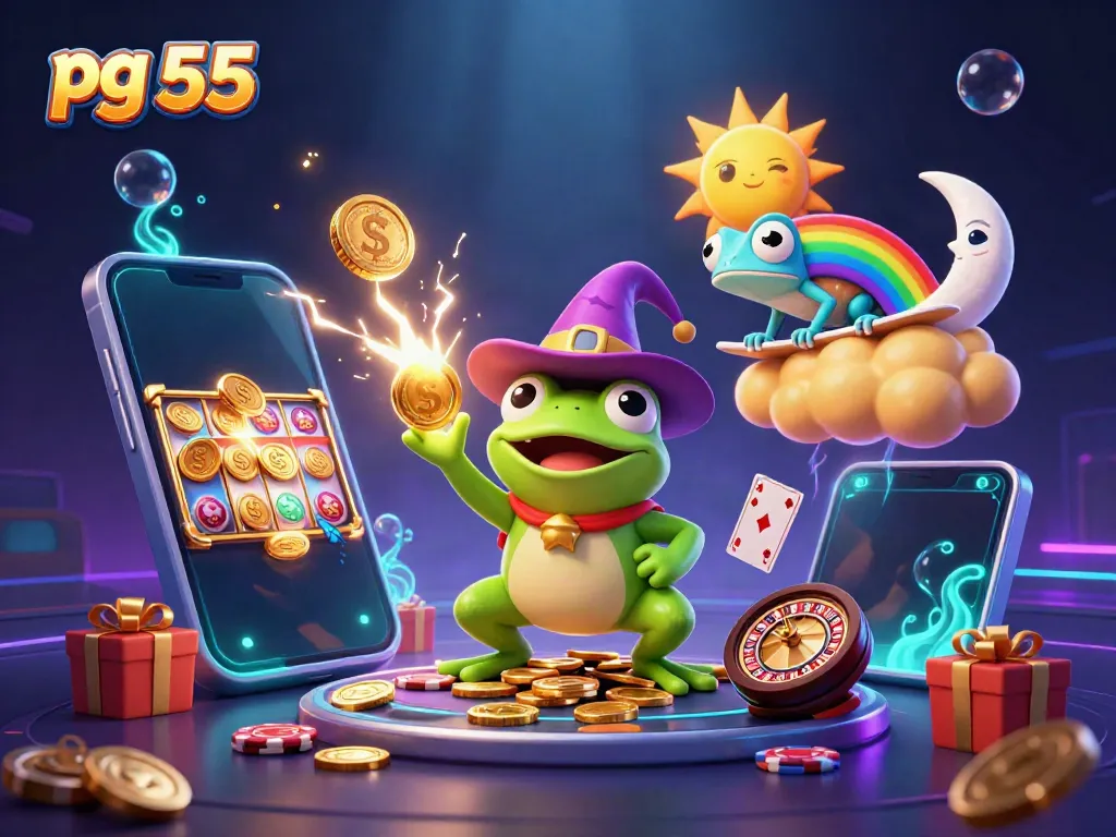 Experience thrilling gameplay with pg 55 showcasing a wizard frog and a chameleon amidst golden coins.