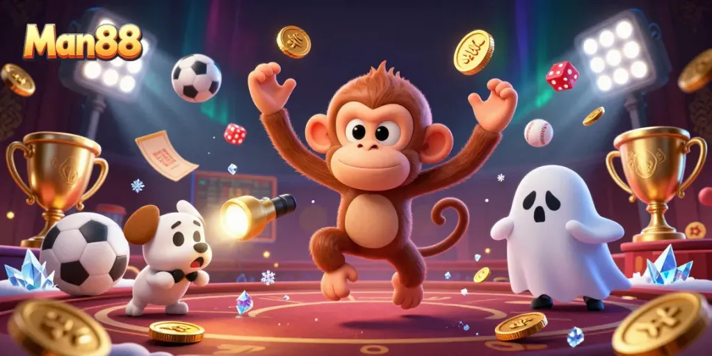 Win big at Man88 with a lively poltergeist monkey and ghost-hunter puppy in a vibrant casino
