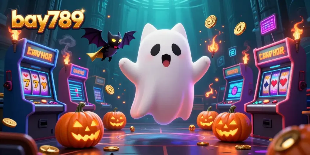 A playful bay789 ghost cat explores a haunted casino mansion surrounded by vibrant gaming elements.