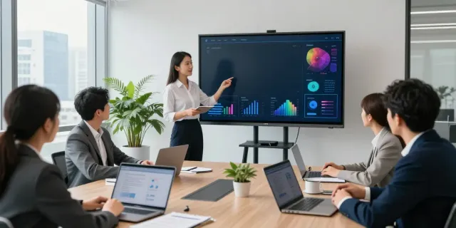 Colaboración en oficina moderna entre profesionales de BBVA Empresas, analizando estrategias financieras.