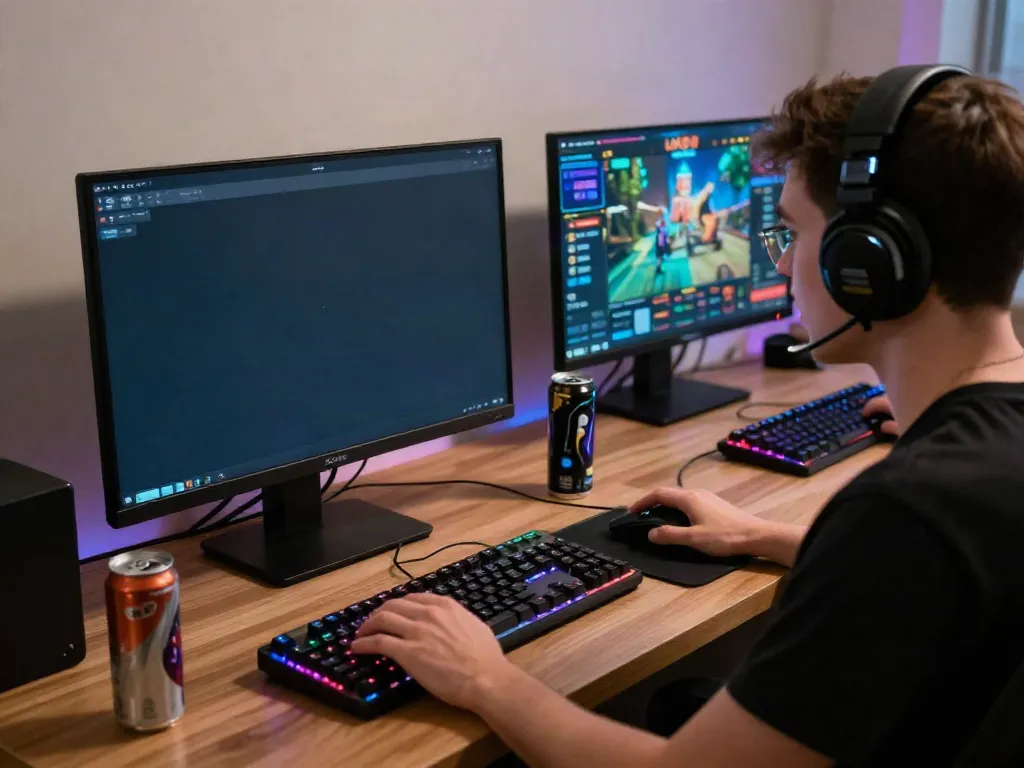 Engaged gamer on UK88 site, showcasing gaming accessories and vibrant atmosphere.