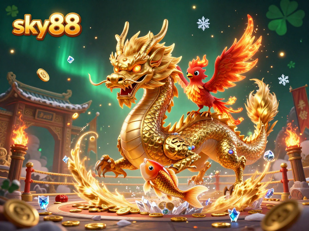 Experience sky88's charm with a dynamic 3D casino scene, featuring dragons and coins in action.