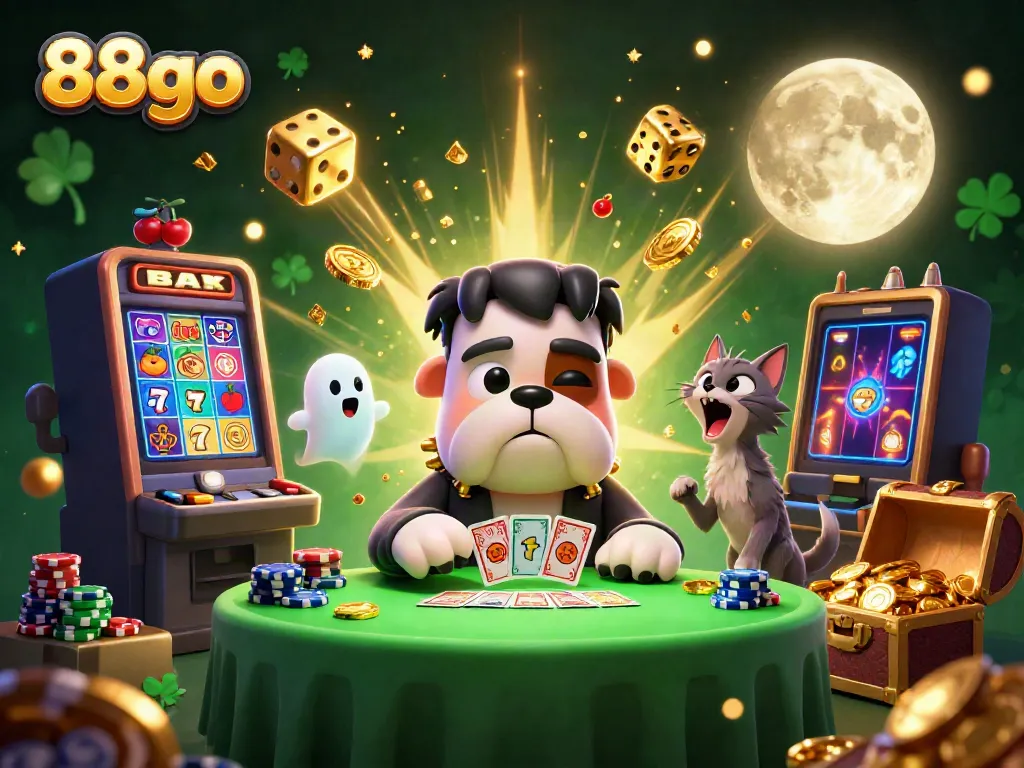 Engage in thrilling gaming at 88go with a lively scene featuring a bulldog dealer and dynamic casino elements.