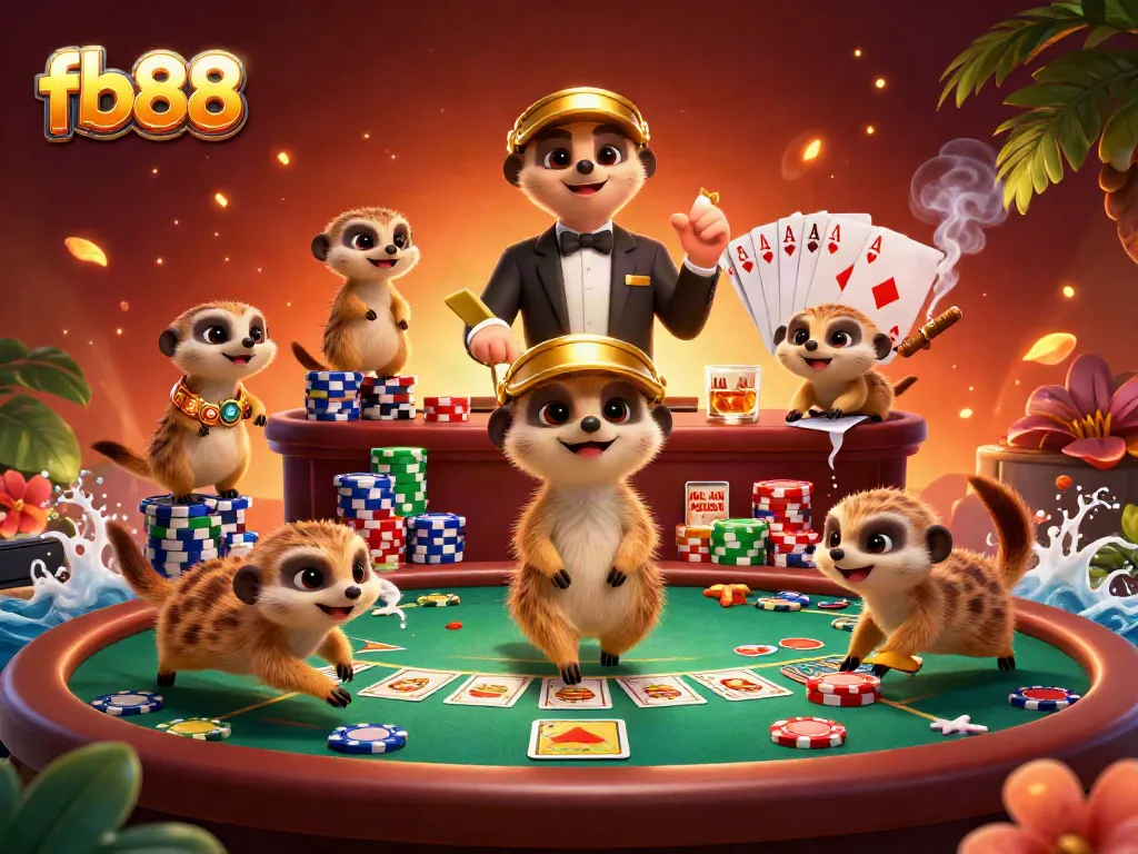 Experience the thrills of fb88 with meerkats managing a vibrant casino operation, full of poker fun!