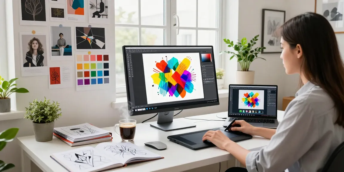 Dynamic workspace showcasing a graphic designer using an AI image generator to create vibrant digital art.