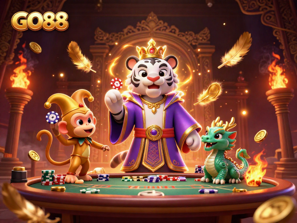 Engage in thrilling gameplay with GO88 featuring a majestic tiger and monkey among casino elements.