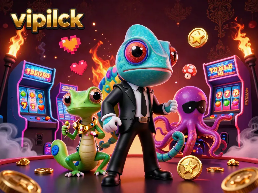 Engage in thrilling gameplay at vipluck with a vivid 3D casino scene featuring colorful characters and game elements.