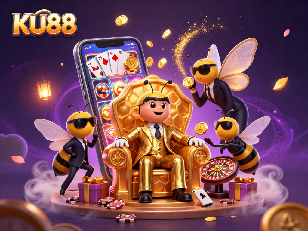 Experience thrilling gaming at KU88 with a 3D cartoon casino scene featuring vibrant slots and dynamic characters.