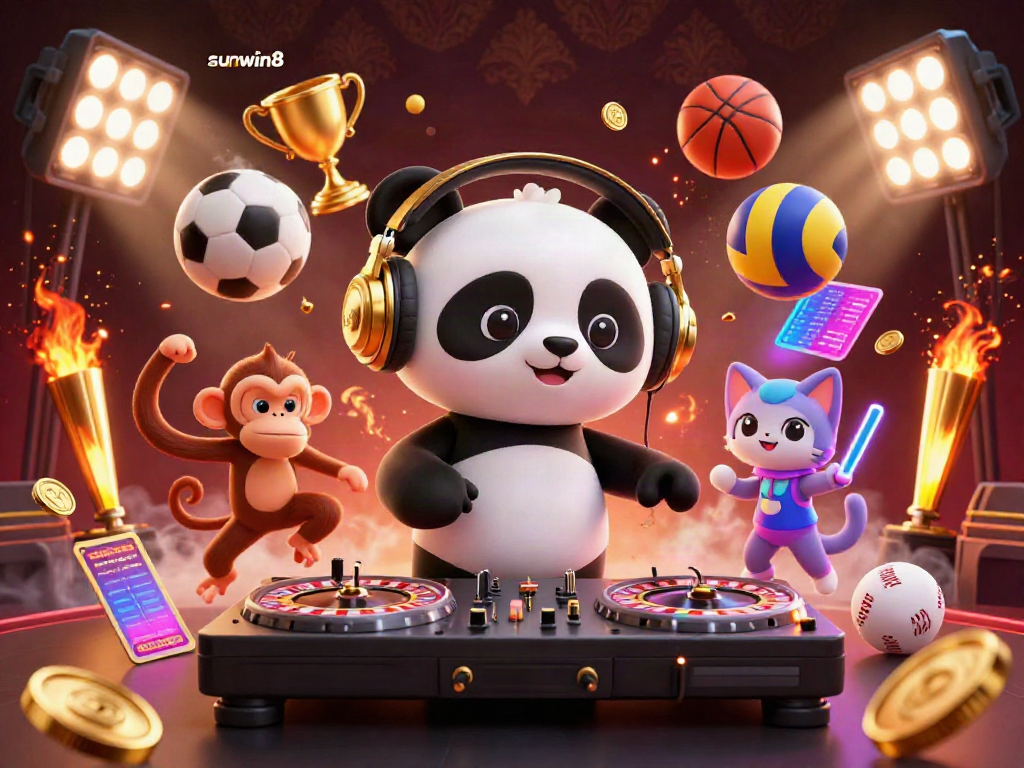 Experience the excitement of sunwin8 with a 3D DJ panda and vibrant gaming elements in a dynamic casino scene.
