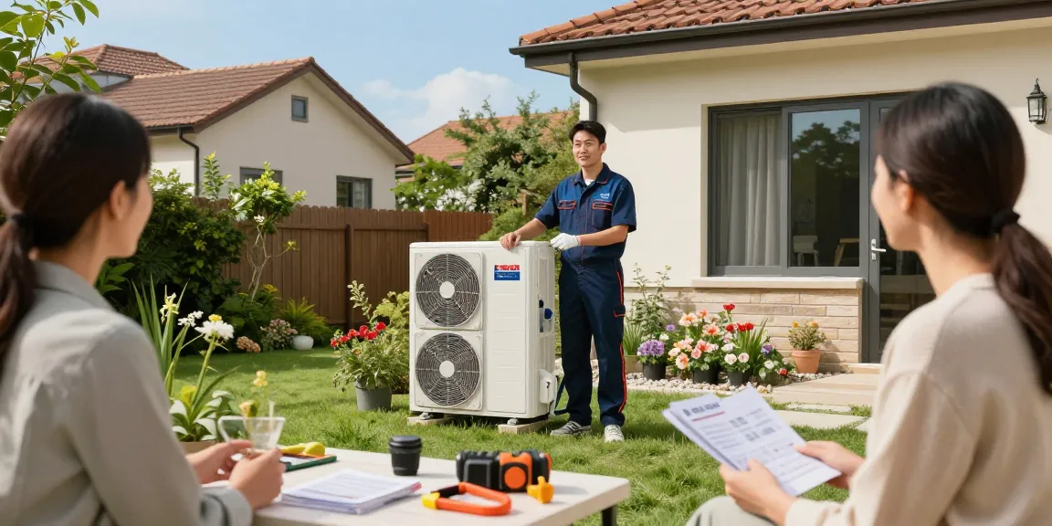 Energy-efficient wärmepumpe bosch installed in a suburban backyard with technician inspecting the unit.