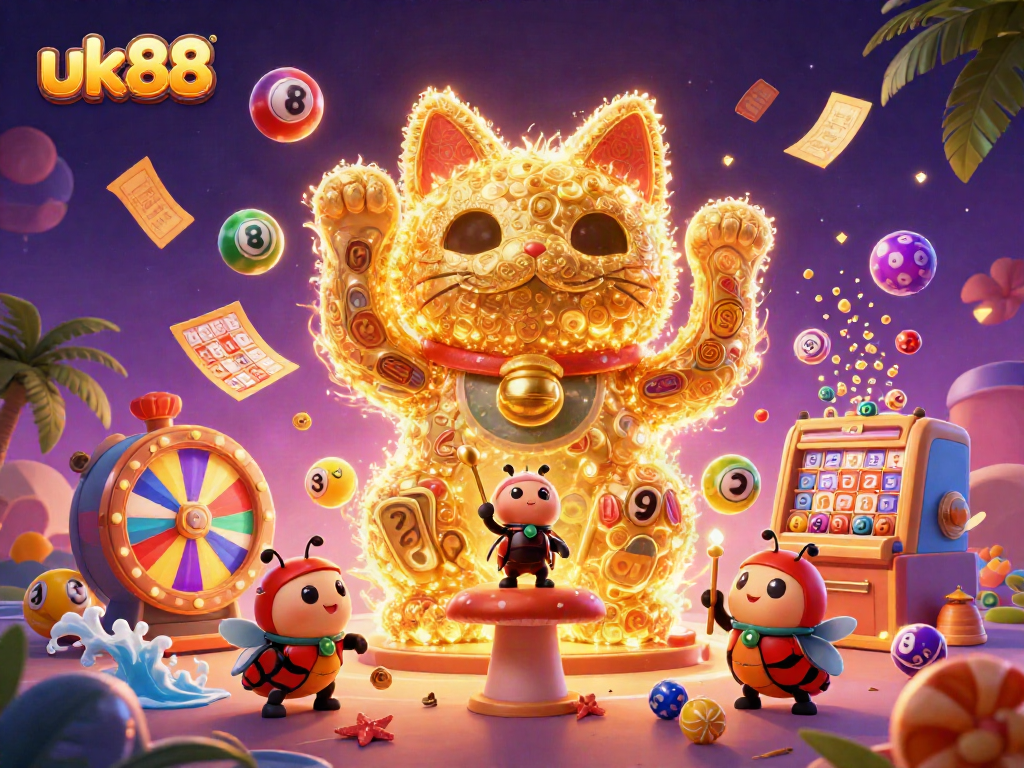 Engage with exciting moments at uk88, featuring a 3D lucky cat bringing casino symbols and vibrant lottery elements to life.