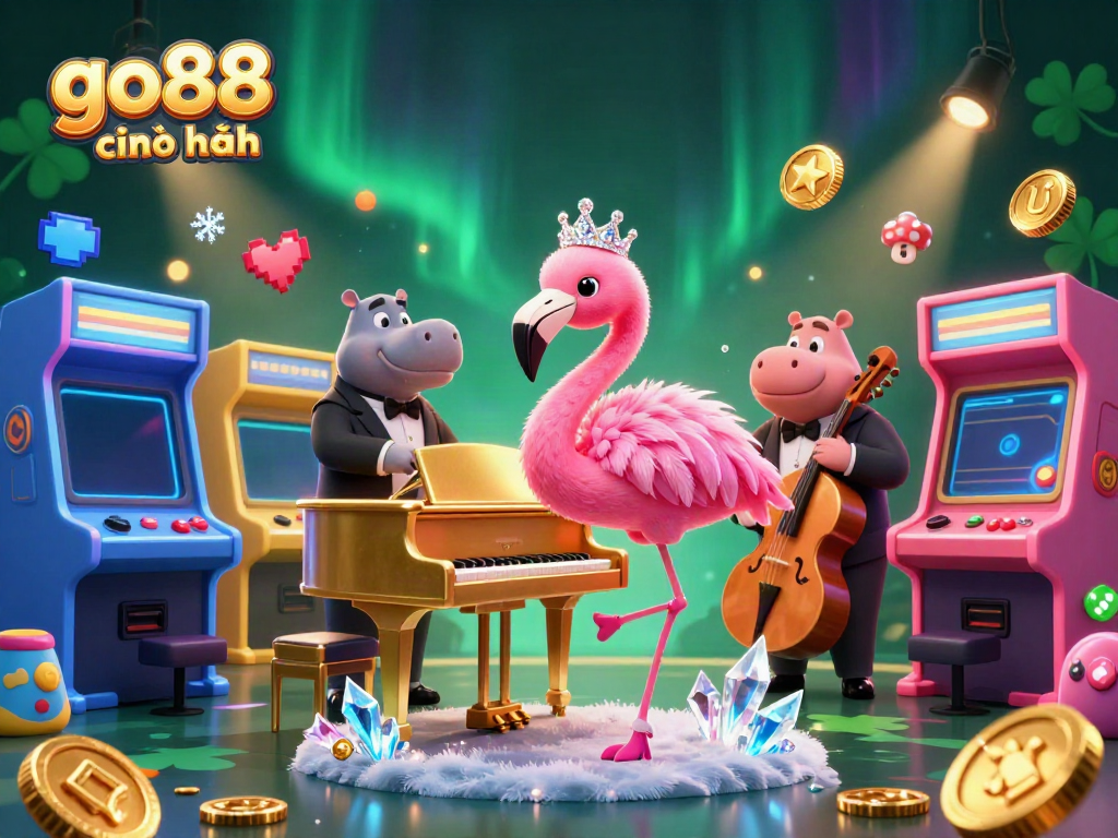 Engaging 3D illustration promoting go88 chính hãng, featuring a flamingo singer, hippo bassist, and vibrant casino elements.