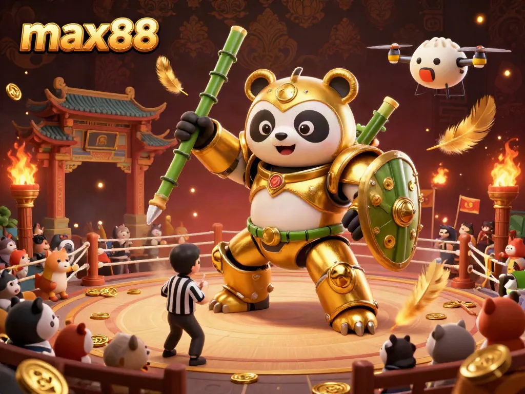 Experience max88 through an exhilarating 3D scene of a golden panda in a mech suit battling in a vibrant casino arena.