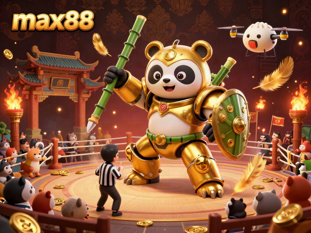 Experience max88 through an exhilarating 3D scene of a golden panda in a mech suit battling in a vibrant casino arena.