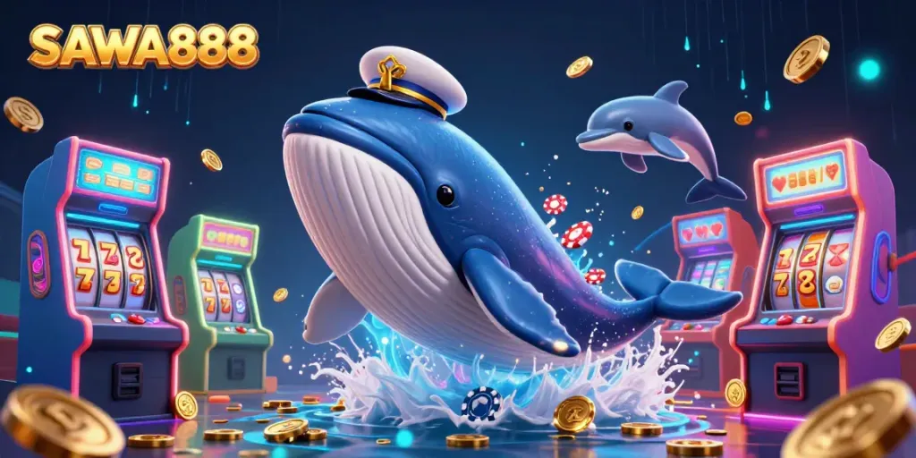 Playful scene of SAWA888-themed characters, including a whale and dolphins, amidst vibrant gaming elements.