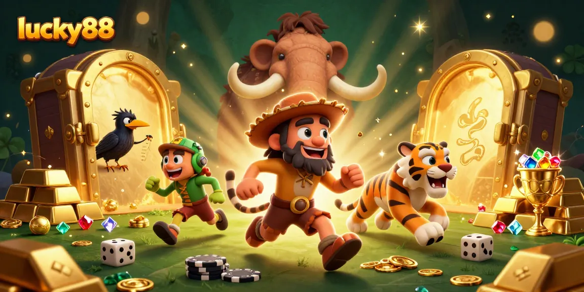 Experience lucky88's vibrant prehistoric casino with a caveman duo, fetching treasures and excitement.