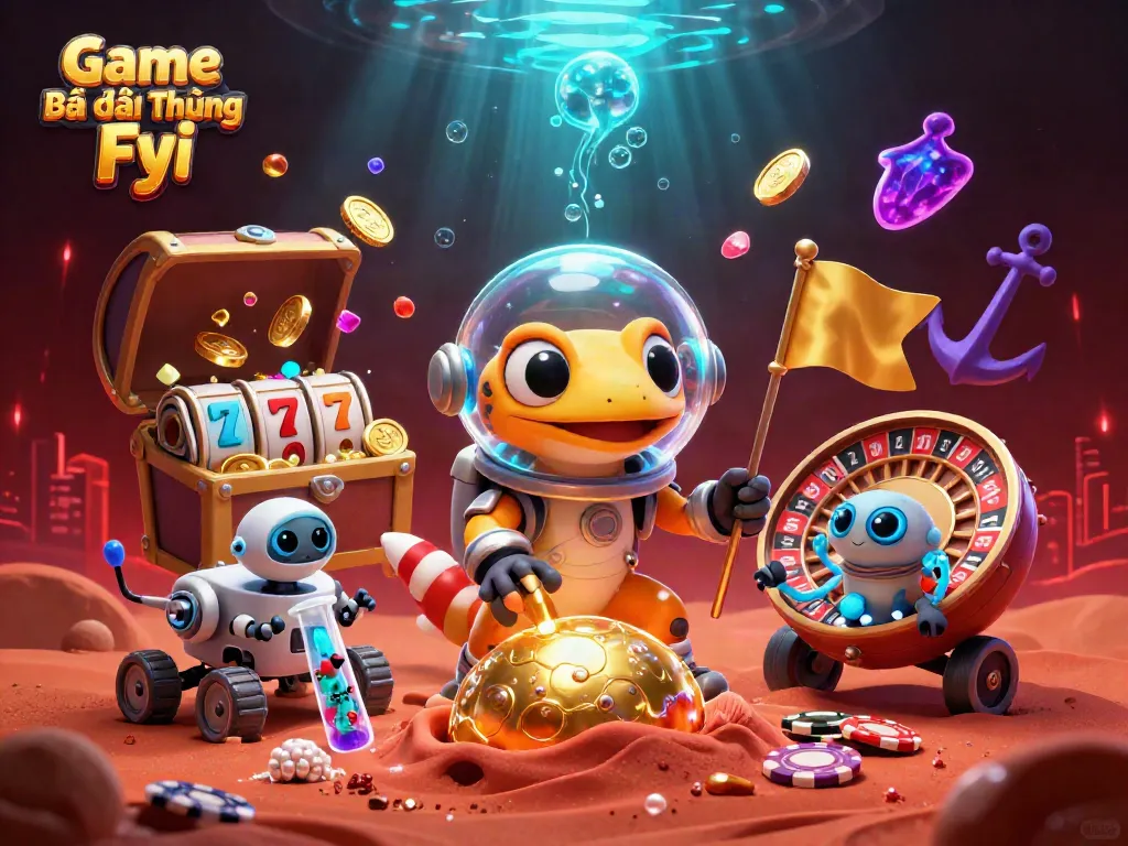 Engage in thrilling online gaming with Game Bài Đổi Thưởng Fyi at a golden casino in a vibrant Martian setting.